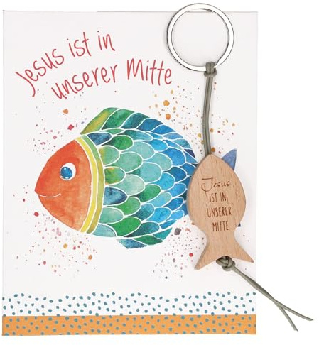 Fisch-Schlüsselanhänger aus Buchenholz mit Lederband mit Gravur „Jesus ist in unserer Mitte“: geliefert in Geschenkverpackung, 3 x 15 cm, christliches Geschenk für Mädchen & Jungen