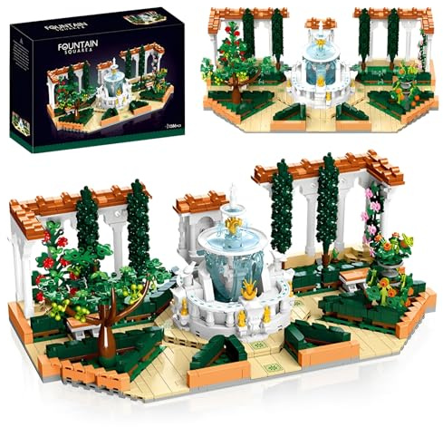 Fuleying Mediterranean Fountain Square Building Set for Adults - 1586 Pieces City Architecture Model with Courtyard Garden, Miniature Fountain Plaza Bricks Kit for Home Office Decor Gift