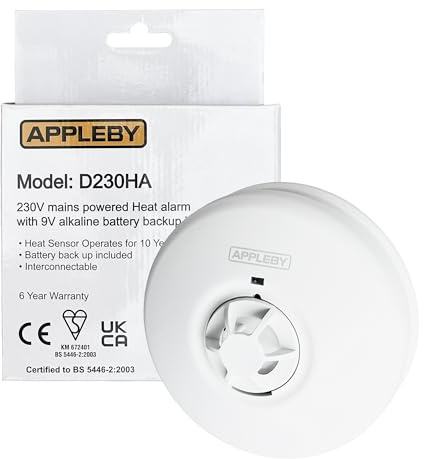 APPLEBY Heat Alarm 230V Mains Powered with 9V Battery Backup, Interconnectable up to 20 Alarms, 85dB, Test Button, White