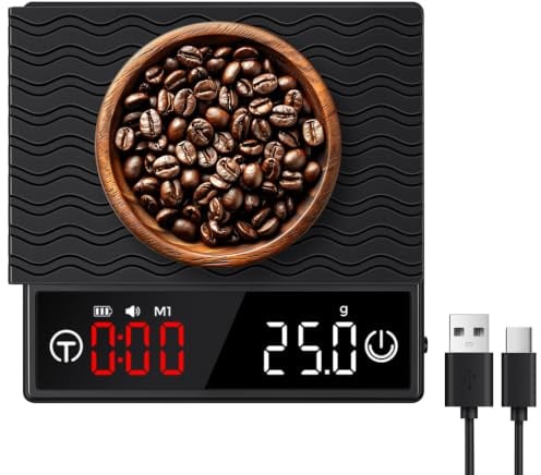 HOTUT Mini-Kaffeewaage mit Timer, USB Wiederaufladbare Espresso Waage, Hochpräzise 2KG/0,1g Kaffee Waage mit LED-Display Automatischer Zeitmessung, Tragbare Espressowaage Digitale Küchenwaage, Schwarz