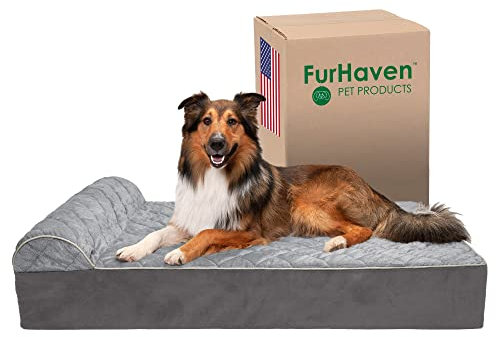 Furhaven Orthopädisches Hundebett für extra große Hunde, mit wasserabweisender Unterlage und abnehmbarem, waschbarem Bezug, für Hunde bis zu 136 kg – Goliath gestepptes Kunstfell und Nackenrolle mit