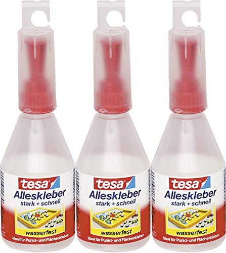 tesa Alleskleber (3x 90g) - Transparent, Gelblich - Flüssig - Wasser- und Hitzeresistent - Niedrigviskos - Metall - Verschiedene Materialien, Modellbau, Allround-Einsatz