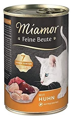 MIAMOR - Feine Beute | Nassfutter für ausgewachsene Katzen mit 7 Sorten Fleisch und Innereien. Getreidefreies Alleinfutter mit Taurin in der Dose ohne künstliche Zusätze | 12x400g Huhn