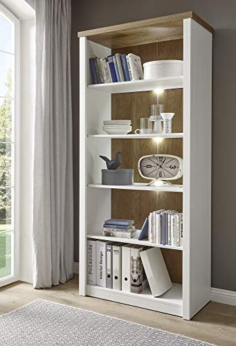 Regal Tesorino Holznachbildung Pinie Weiss Applikationen Eiche hell 90x198x43cm Standregal Bücherregal Standregal Wohnzimmerregal Wohnen robust Beleuchtung mit Beleuchtung