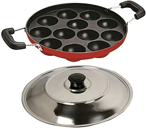 Tuelip Non Stick Appam Pan 12 Pits with Plastic Scrubber and Wooden Stick and Black Notch (Lid)
