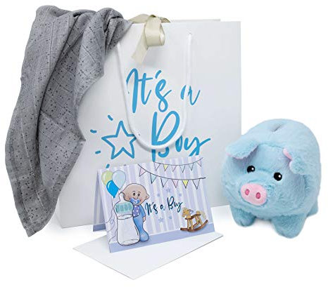 Baby Junge Geschenk zur Geburt - Geschenkset Boy Blau mit Sparschwein im Set | Babyset mit Geschenkbox und Glückwunschkarte für Babyparty | Babygeschenke Kuscheltier Mulltuch Karte und Tasche