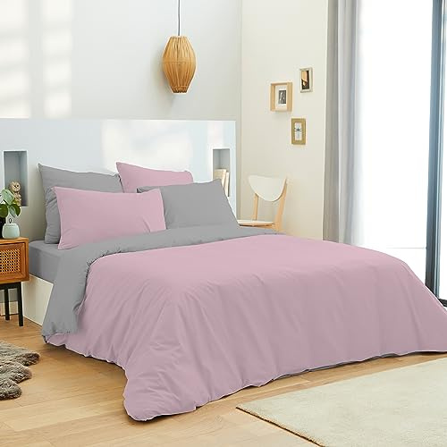 univers decor - Pack Complet 6 pièces Bicolore réversible Housse de Couette 240 x 220 cm pour lit 140 x 190 cm 100% Coton / 57 Fils/cm² (Rose/Gris, Housse de Couette 220 x 240 cm lit 140 x 190 cm)