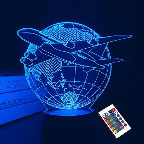 Lightzz Flugzeug 3D Illusion Nachtlicht LED Erde Tischlampe 16 Farbe Geburtstagsgeschenke für Jungen Männer Pilot Büro Raumdekoration