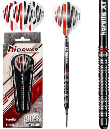 Karella HiPower 90% Tungsten Softdart, 18g, 20g, für elektronische Dartscheibe, 2BA Gewinde, 3 Dartpfeile mit Kunststoffspitze, Dartautomat, Wolfram, Profidart mit Flight und Shaft