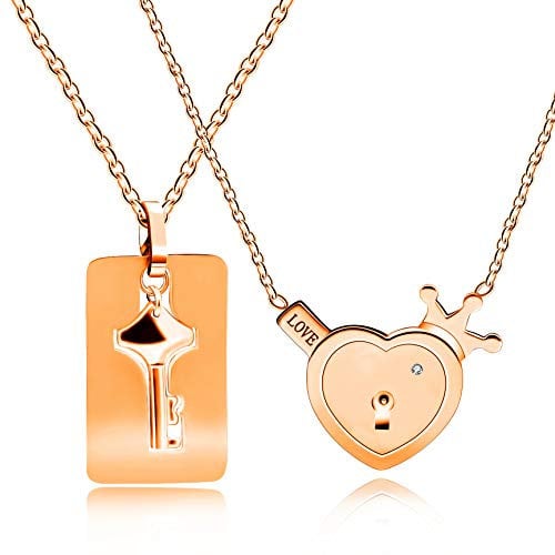 Uloveido Rose Gold Plated Lock Key Pendant Necklace His and Hers Couples Jewelry, Crown Love Heart Lock & Shield Key Necklaces Set Y844
