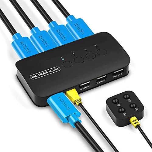 KVM Switch HDMI 4 Port, 4K HDMI USB Switch für 4 PC teilen sich 1 Monitor und Teilen Tastatur Maus Drucker Scanner mit Desktop Controller und KVM Kabeln