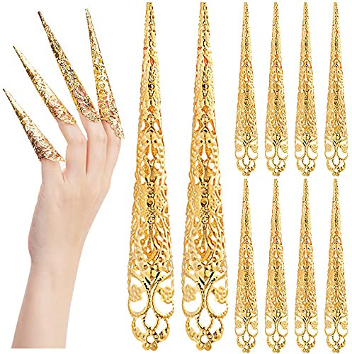 ANCIRS 20 Pack Finger Nail Tip Claw Rings, Ancient Queen Costume Fingertip Claw Nail Rings Decoration Accessory, Golden Color Finger Knuckle Protectors for Halloween Cosplay Drama Dance Show