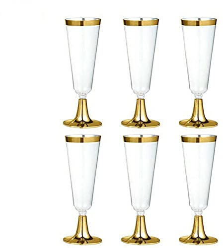 Rose Gold Plastic Champagne Flutes,URMAGIC 6 Pack 150ml Disposable Champagne Glasses with Gold Rim,Disposable Wine Glasses,Reusable Clear Party/Wedding Cups,Glitter Gold Plastic Cups