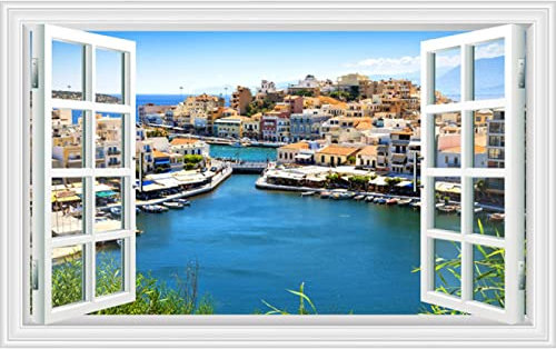 Gerahmt – 3D-Fensteransicht gefälschte Fenster – mediterrane Seehäuser Wharf Yacht Landschaft Bilder auf Leinwand – Kunstwerk Wandkunst Dekor für Schlafzimmer 30x48cm gerahmt
