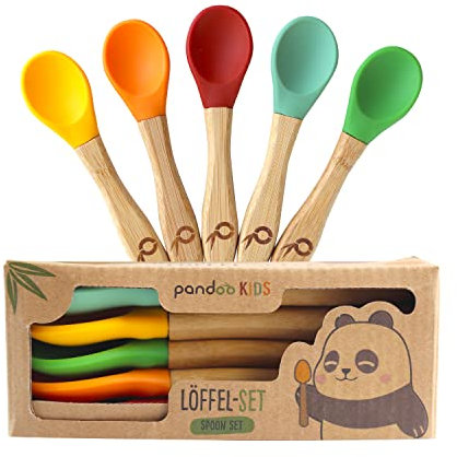 Pandoo Juego de 5 cucharas de bambú para niños con silicona | Cubiertos de aprendizaje para bebés | Cubiertos para niños | Cucharas de silicona suave