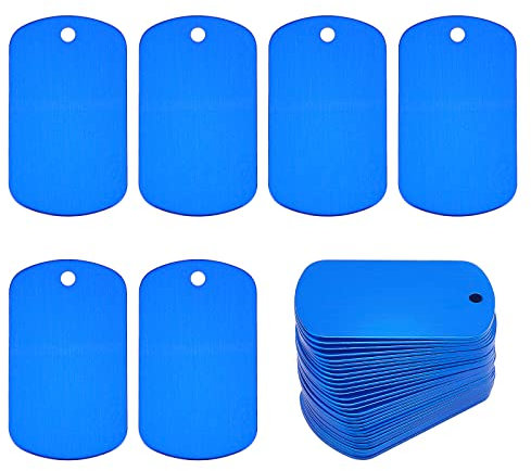 BENECREAT 30Pcs Schildform Stanzrohlinge mit 3.5mm Loch, Blaue Aluminium Rohling Anhänger für DIY Dekoratives Handwerk, Haustier Hunde ID Tags, 50x29x1 mm