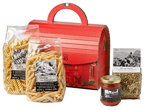 Delikatessen-Geschenkset Von der Hand(tasche) in den Mund | 1 Packung Penne, 1 Packung Fussili, 1 Glas Sugo Tomate-Basilikum und 1 Gewürzmischung