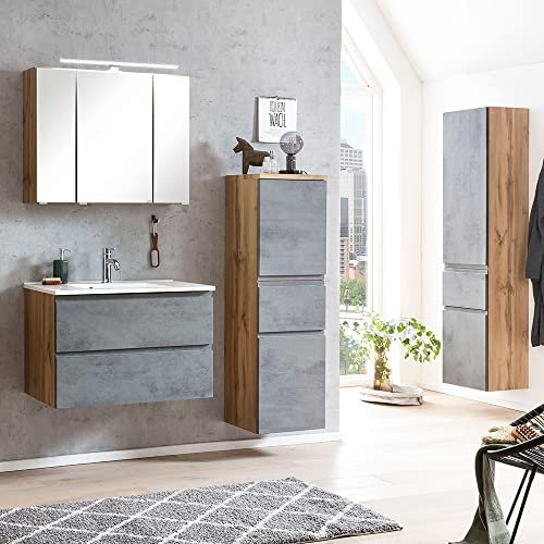 Lomadox Badezimmer Möbel Set mit Waschbecken und LED Beleuchtung, Wotan Eiche Nb. mit Beton Optik,
