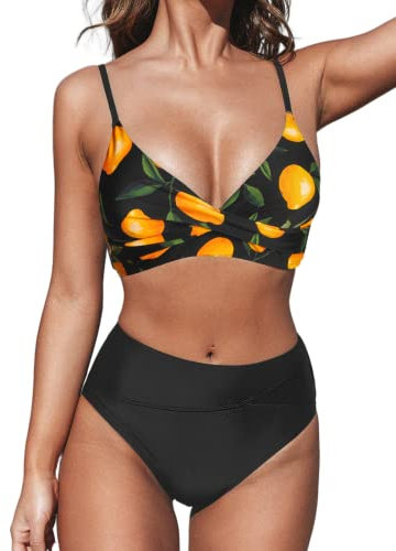 CUPSHE Damen Bikini Set Crossover V Ausschnitt High Waist Tank Bademode Zweiteiliger Badeanzug Swimsuit Schwarz/Zitrone XL
