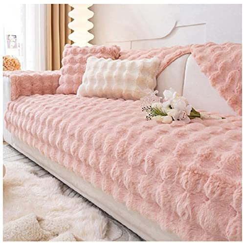 FFFF & OLFEH Samt Sofabezug 1 2 3 4 Sitzer Kaninchen Plüsch Sofa Überzug L Form/Couch überwurfdecke, Anti-rutsch Waschbar Universelle Couch Überzug Ecksofa (Rosa,70×180cm)