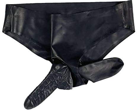 SALANSEX Latex-Slip, Gummi, sexy Herren-Shorts, Schwarze Höschen mit Zwei Scheiden (Kondom), enganliegend, für Bodysuit, Party, Club, Unterwäsche, Schwarz, XL