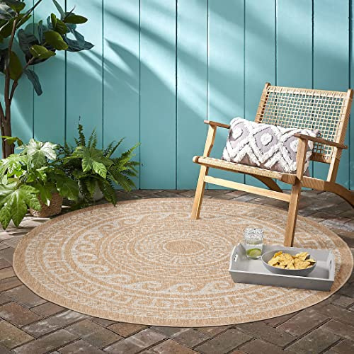Teppium Outdoor Teppich Wetterfest 160 cm Rund Beige Sisal und Jute Optik - Küchenteppich Waschbar rutschfest, Wasserfest, Greek Design, Pflegeleicht - Ideal für Balkon, Terassen, Garten, Camping