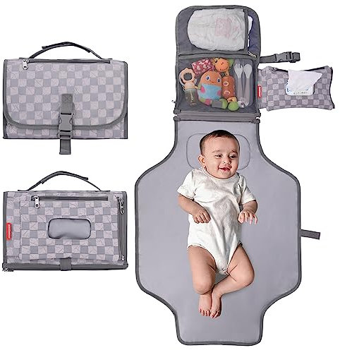 Bebamour Portable Nappy Changing Mats with Wipes Pocket Travel Baby Changing Pads with Head Cushion for Infants Waterproof Diaper Changing Pads Newborn Essentials, Grey