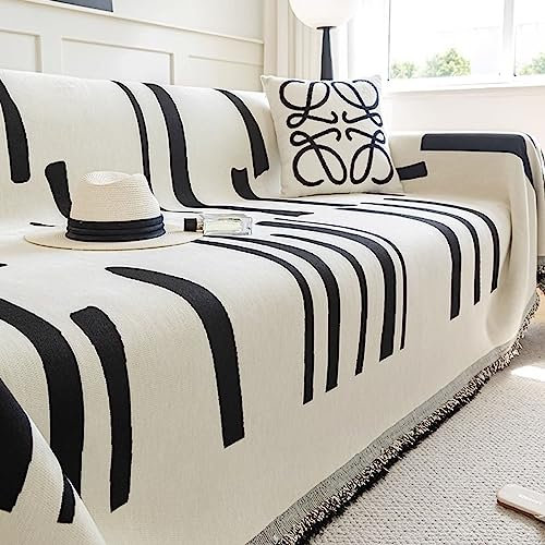 Homxi Couch Überzug Ecksofa 3 Sitzer,180x340CM,Sofa Überzug Decke Linie Gestreift Überwurf für Sofa Chenille Handtuch Sofa Schwarz Weiß Sofahusse Überzug