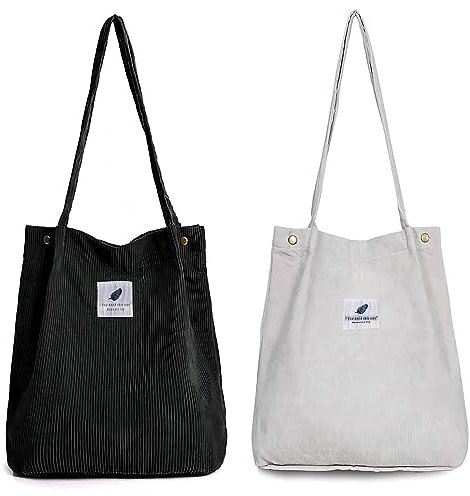 Cord Umhängetasche Damen, 2Pcs Cord Tasche Damen Tote Bag Groß Handtasche Beutel Lässige Schultertasche Shopper Damen für Büro Schule Einkauf Reise (Schwarz + Grau)