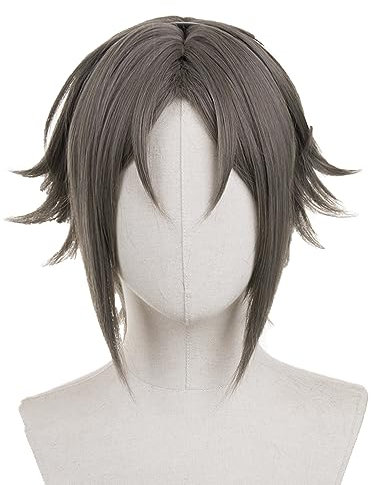 NIJISANJI EN 4th Mysta Rias Cosply Perücke Braun Grau Perücke Kurze Gerade Haar Perücke Geschichtete Perücke Mittelteil Perücke Hitzebeständig Kunsthaar Geschichtet Cosplay Perücke Halloween Kostüm