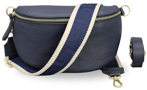 BRISE Bauchtasche Damen Echtleder SAHEL Gold Handgemachte Umhängetasche Crossbody Bag Hüfttasche mit Ledergurt + Optionalen Breiten Gemusterten Riemen Gürteltasche Made in Italy (Navyblau-Gold 3)