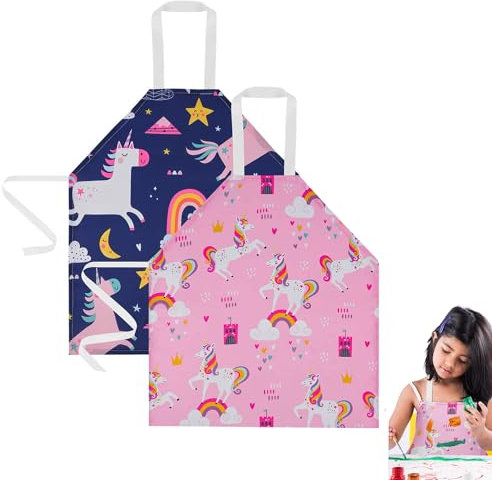 2 Pack Schürze Kinder Kochschürze Einhorn, 2 bis 7 Jahre Kinderschürze Wasserdicht Verstellbare mit Tasche für Mädchen und Jungen Zum Backen, Garten, Grill(Einhorn)