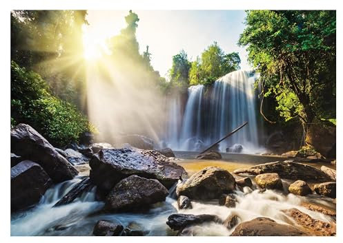 Fototapete Wasserfall 3D Effekt Natur Landschaft 254x184 cm - inkl. Kleister - für Wohnzimmer Schlafzimmer Flur Vlies Tapete Wandtapete Vliestapete Motivtapeten Montagefertig