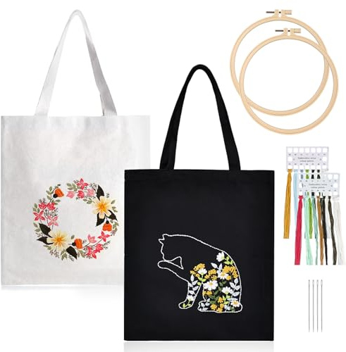 Canvas Tasche Stickerei Set, 2 Pcs Canvas Tote Bag Stickset Mit Muster Und Anleitung, Stickset Für Segeltuchtasche, Sticken Set Erwachsene, Anfänger Stickerei Set, Leinen-Tragetasche Schwarz und weiß