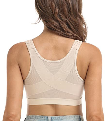 DotVol Damen Vorderverschluss BH Rückenstütze Haltungskorrektur BH Vollschalen Ohne Bügel(85E,Beige)