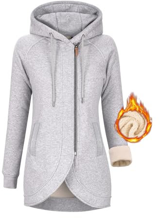 Lonya Felpa Donna con Zip e Cappuccio Felpe Pile Invernale Caldo Hoodie Cappotto a Manica Lunga Giacca Cerniera Peluche con Tasche Giubbotto Giubbino Sweatshirt, Grigio Chiaro, L