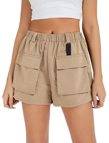 Damen Cargo Shorts Stretch Sommer Casual High Waist Kurze Hosen mit Taschen für Outdoor Wandern、Camping Khaki XL