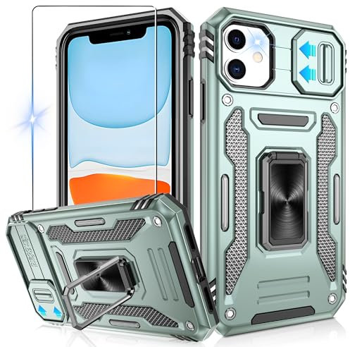 Jshru Custodia per iPhone 11 con custodia per fotocamera scorrevole [aggiornamento], grado militare, antiurto, custodia per iPhone 11 con cavalletto ad anello, cover antigraffio per iPhone 11 (6,1