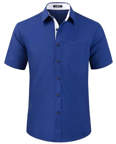 HISDERN Men's Short Sleeve Navy Blue Shirt Regular Fit Formal Button Down Business Shirt with Chest Pocket,S