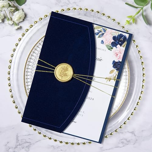 ponatia Hochzeitseinladungskarten, Umschlagkarten, Umschläge, goldene Wachssiegel, Bänder, Babypartys, Geburtstage, XV Años, Quinceañera-Einladungen, 12,7 x 17,8 cm, 20-teilig, Samt-Marineblau