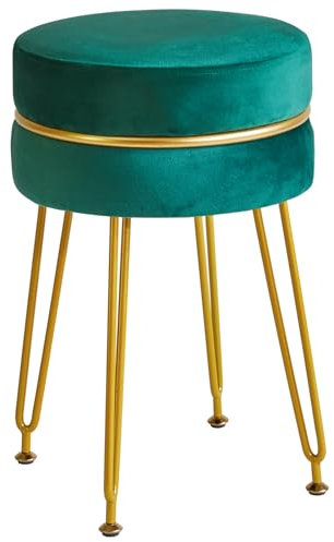 IBUYKE moderner Samt runder Fußhocker Ottoman, Eitelkeitsstuhl für Make-up-Raum, Eitelkeitshocker Fußstütze mit Goldbeinen, Moderne Akzenthocker für Schlafzimmer, Wohnzimmer, Eingang, grün L/G-40L