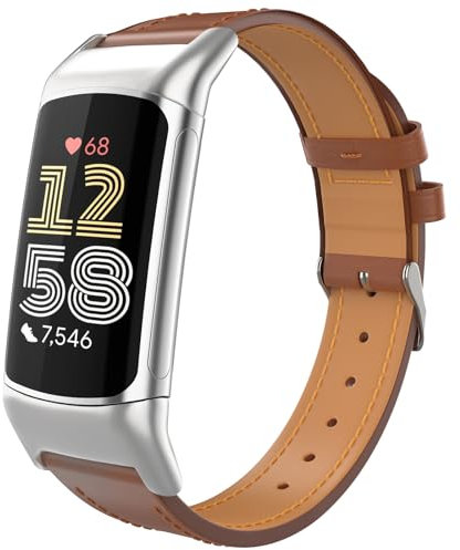 TiMOVO Leder Armband Kompatibel mit Fitbit Charge 6/Fitbit Charge 5 Uhrenarmband, Genarbtes Echtes Klassisches Leder Ersatzarmband für Damen und Herren, Braun