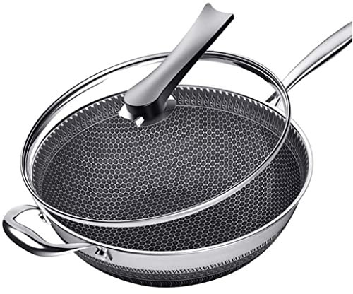 FEIGUO Wok de acero inoxidable con pantalla de doble cara, panal, sin aceite, sartén ahumada, sartén, utensilios de cocina antiadherentes, olla de cocina (tamaño: 32 cm) (32 cm)