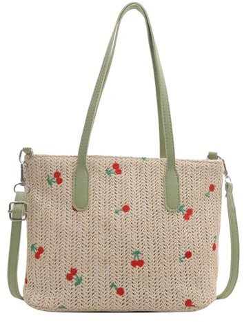 LYEAA Sac à bandoulière tendance en paille de cerise tissée – Sac à main fourre-tout spacieux avec option bandoulière et fermeture éclair, Vert, 260.00x100.00x70.00mm