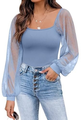 Timuspo Womens Summer Tops Mesh Polka Dot Long Sleeve T Shirts Ribbed Knit Lightweight Blouse Cute Casual Wear Blue Tshirt M