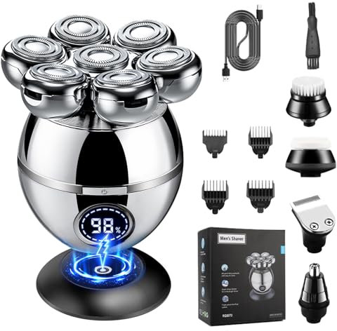 Skull Shavers for Men, 7D Bald Head Razor, 6-in-1 Wet & Dry Rotary Shaver, IPX7 Waterproof Electric Clipper With LED Display, Rechargeable