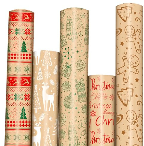 SULOLI Weihnachten Geschenkpapier 5 Rollen Set,Pergament Weihnachtsgeschenkpapier,Geschenkverpackung Papier für Weihnachten Neujahr Geschenkverpackung(43cmX3m)