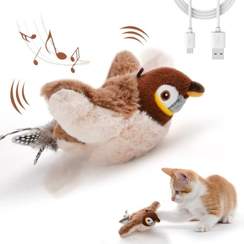 LIFLIX Interactive Cat Toys, Rechargeable Chirping Flapping Bird(no flying) with Catnip for Indoor Cats, Touch Activated, Plush Kitten Exercise Toys (Brown Sparrow)