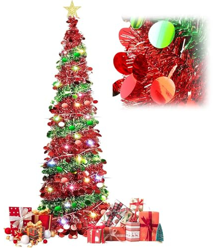 1.5m/5Ft Pop Up Christmas Tree with 16.5 Ft String Lights, Artificial Xmas Tinsel Tree Sequin Decoration Tree for Christmas Indoor Outdoor Holiday Party Office Decoration (Sequin model)