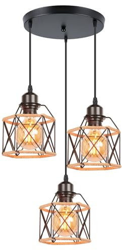 iDEGU Lampadario a Sospensione Vintage, 3 Luci Lampade a Sospensione E27 in Metallo 15CM Gabbia Design Corda di Canapa Retrò Lampada da Soffitto per Cameretta, Cucina, Sala da Pranzo (25cm Base, Nero)